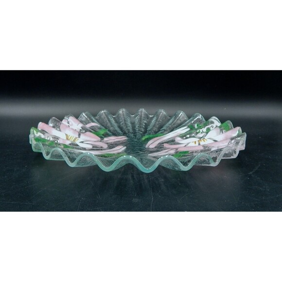 Sydenstricker Art Fused Glass Pink Lily Plate Ruffle Rim Platter 12 Inch - Picture 4 of 6